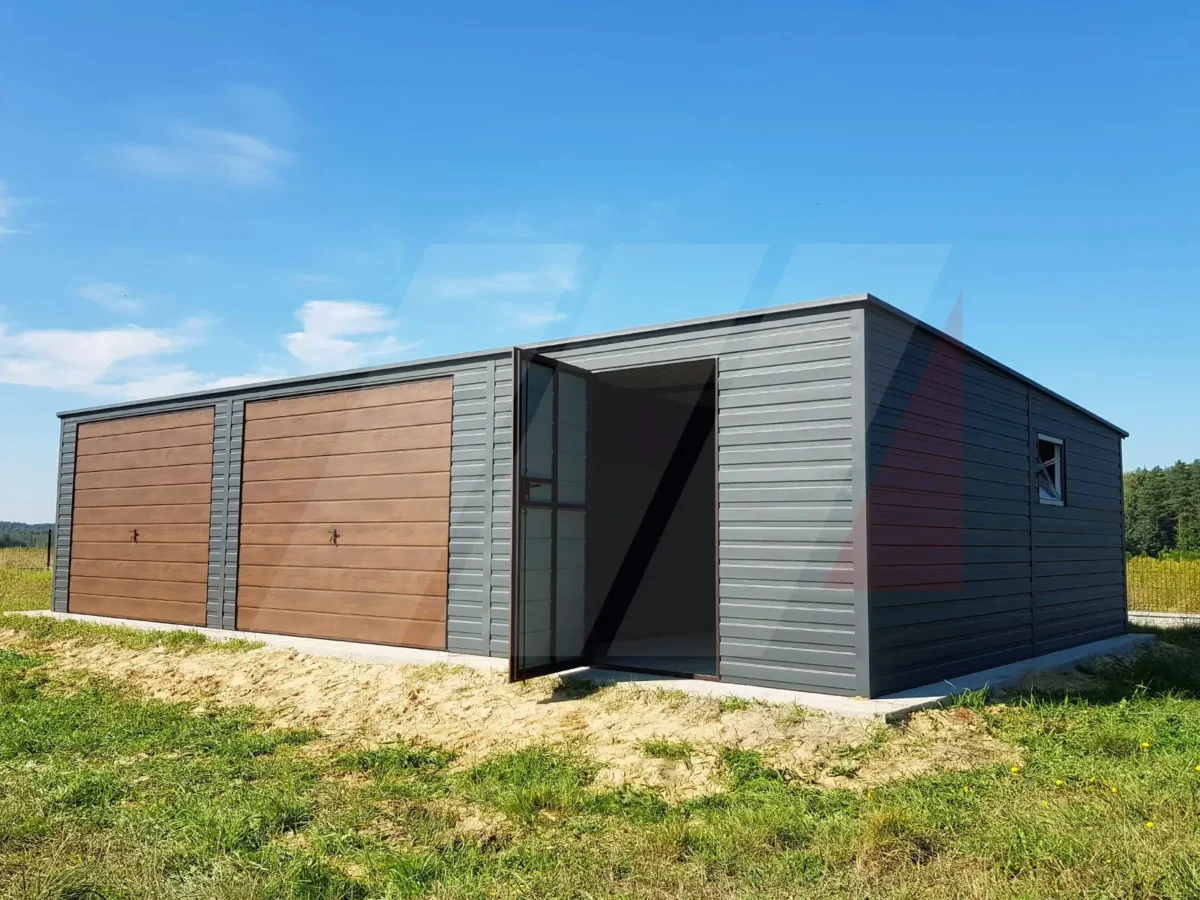 Garáž z trapézového plechu grafit 10m x 6m výklopné brány ořech