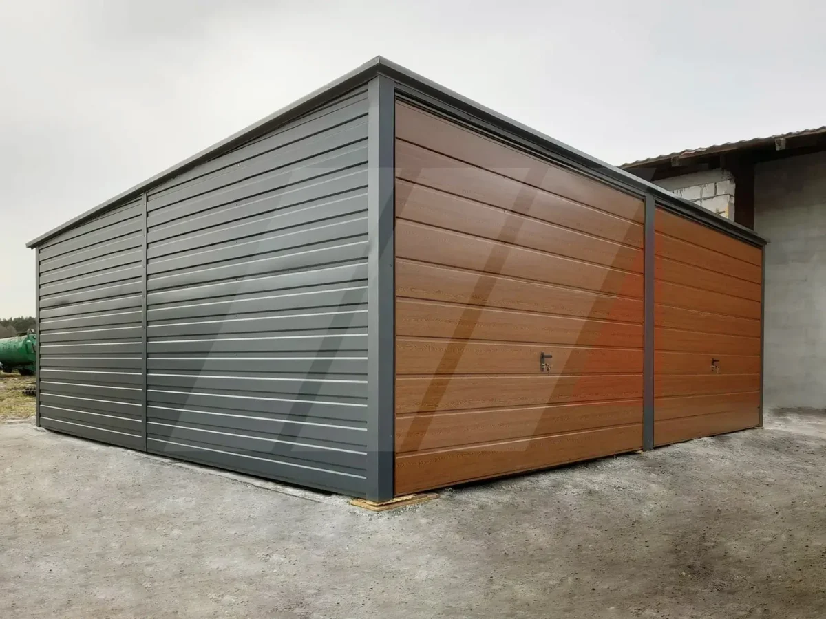 Dvougaráž z trapézového plechu grafit 6m x 6m výklopné brány