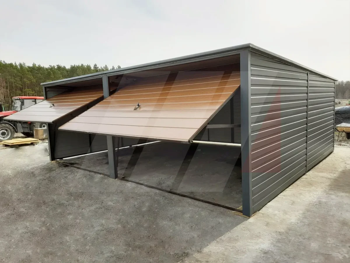 Dvougaráž z trapézového plechu grafit 6m x 6m výklopné brány
