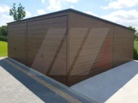 Dvougaráž z trapézového plechu ořech 6m x 6m výklopné brány