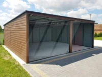 Dvougaráž z trapézového plechu ořech 6m x 6m výklopné brány