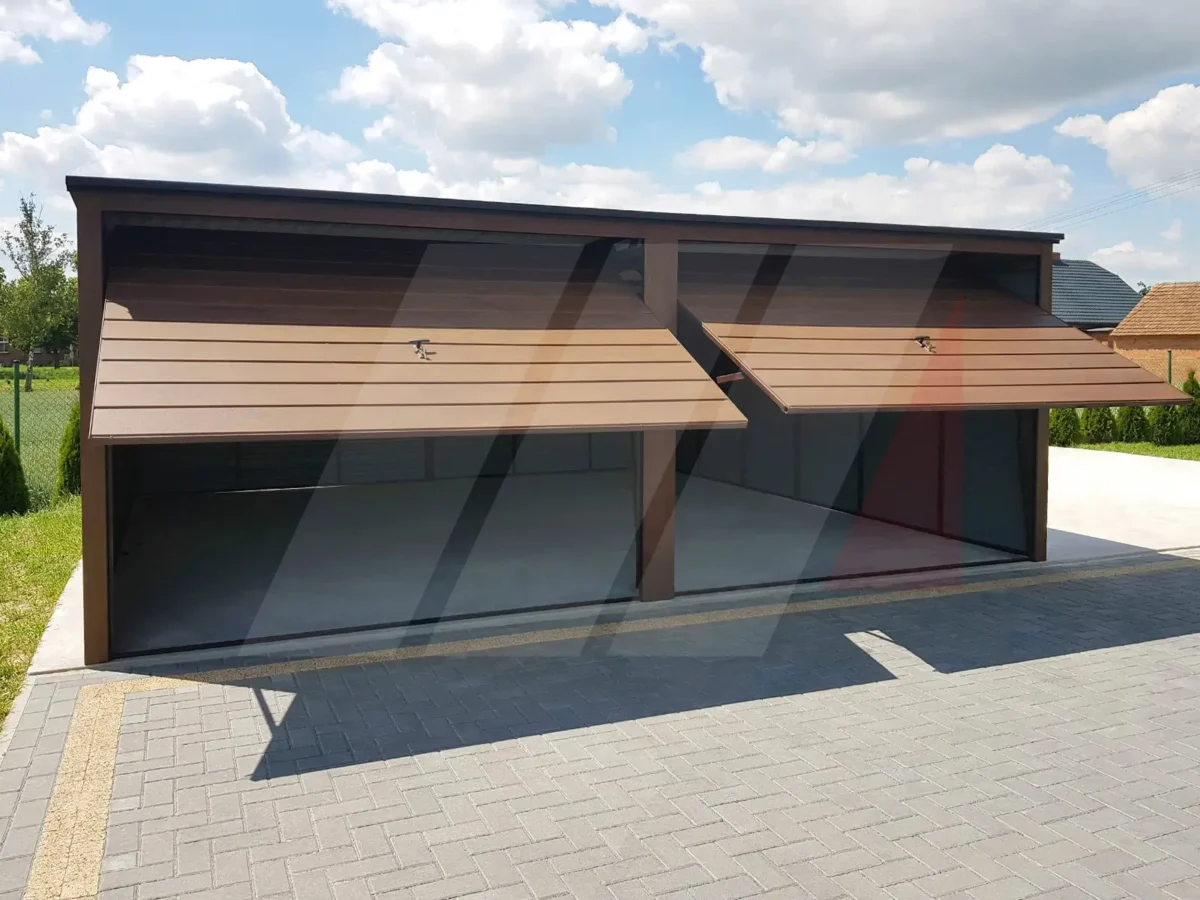 Dvougaráž z trapézového plechu ořech 6m x 6m výklopné brány