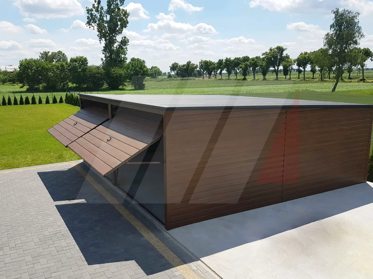 Dvougaráž z trapézového plechu ořech 6m x 6m výklopné brány