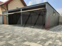 Garáž z trapézového plechu grafit 8m x 6m ořechové brány