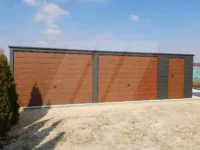 Garaż blaszany grafit spad dachu do tyłu 8m x 6m bramy orzech