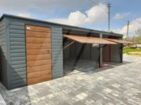 Garáž z trapézového plechu grafit 8m x 6m ořechové brány