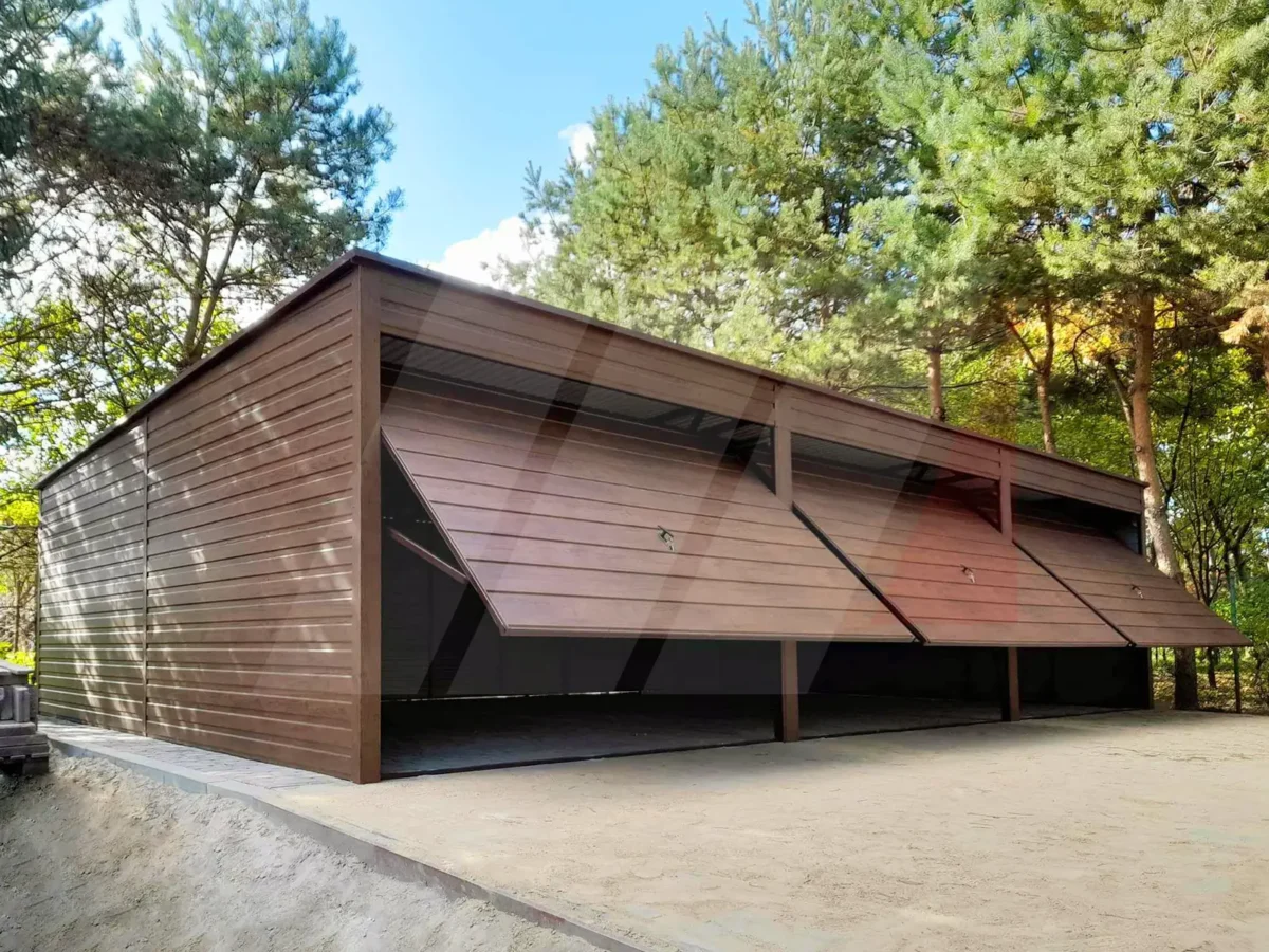 Trojgaráž z trapézového plechu ořech 9m x 6m