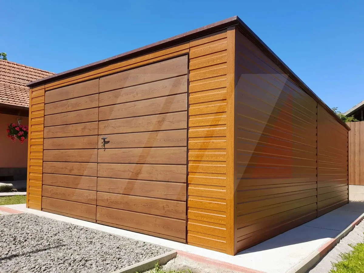 Plechová garáž zlatý dub spád střechy dozadu 4m x 5m