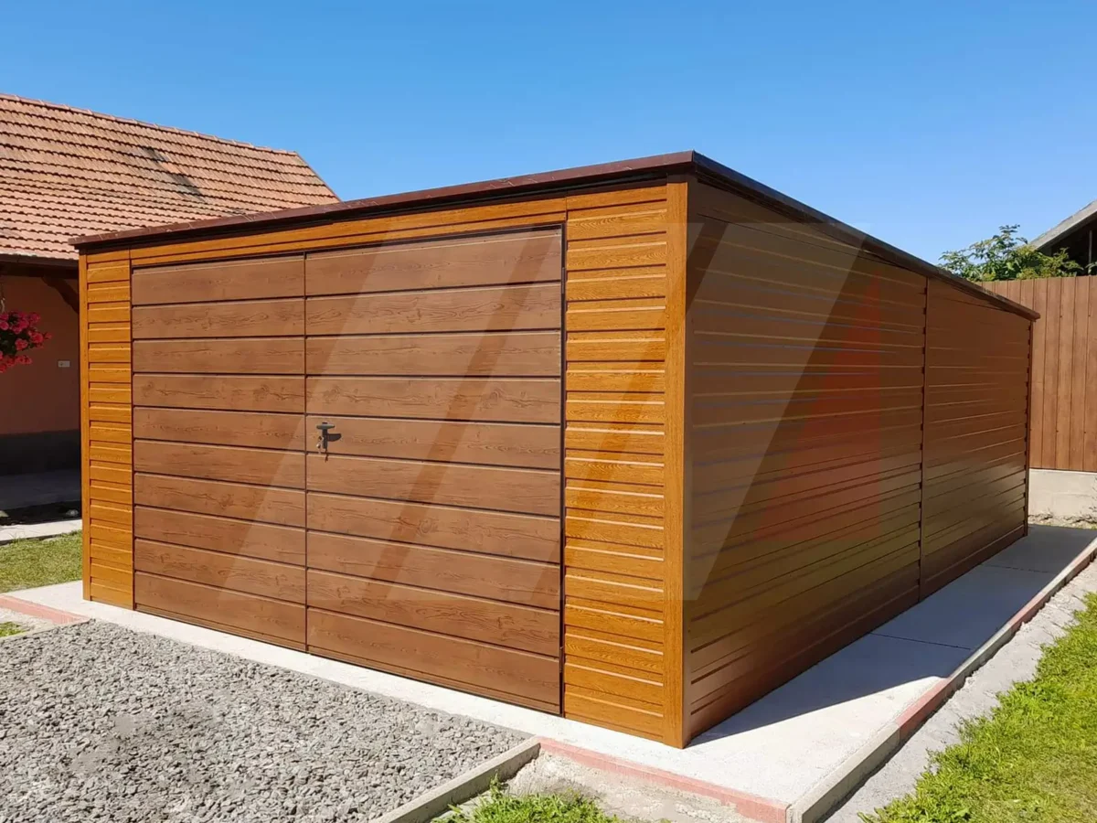 Plechová garáž zlatý dub spád střechy dozadu 4m x 5m