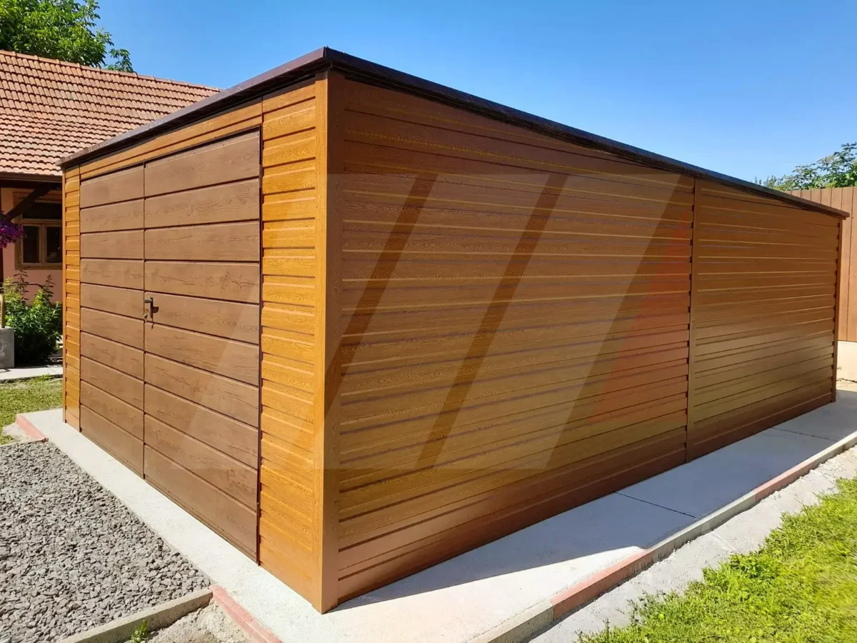 Plechová garáž zlatý dub spád střechy dozadu 4m x 5m