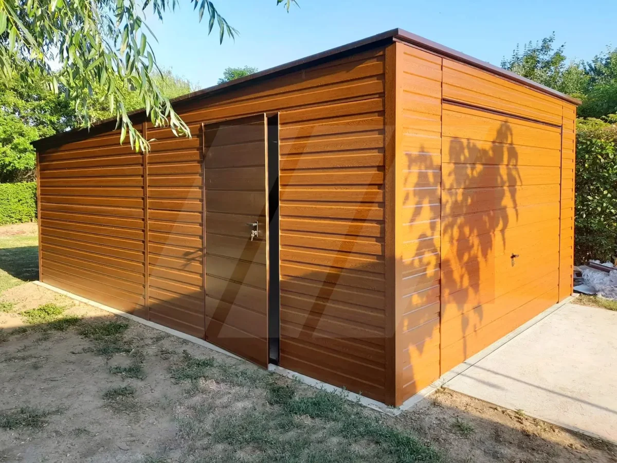 Garaż blaszany złoty dąb spad do tyłu 3.5 x 5 brama uchylna