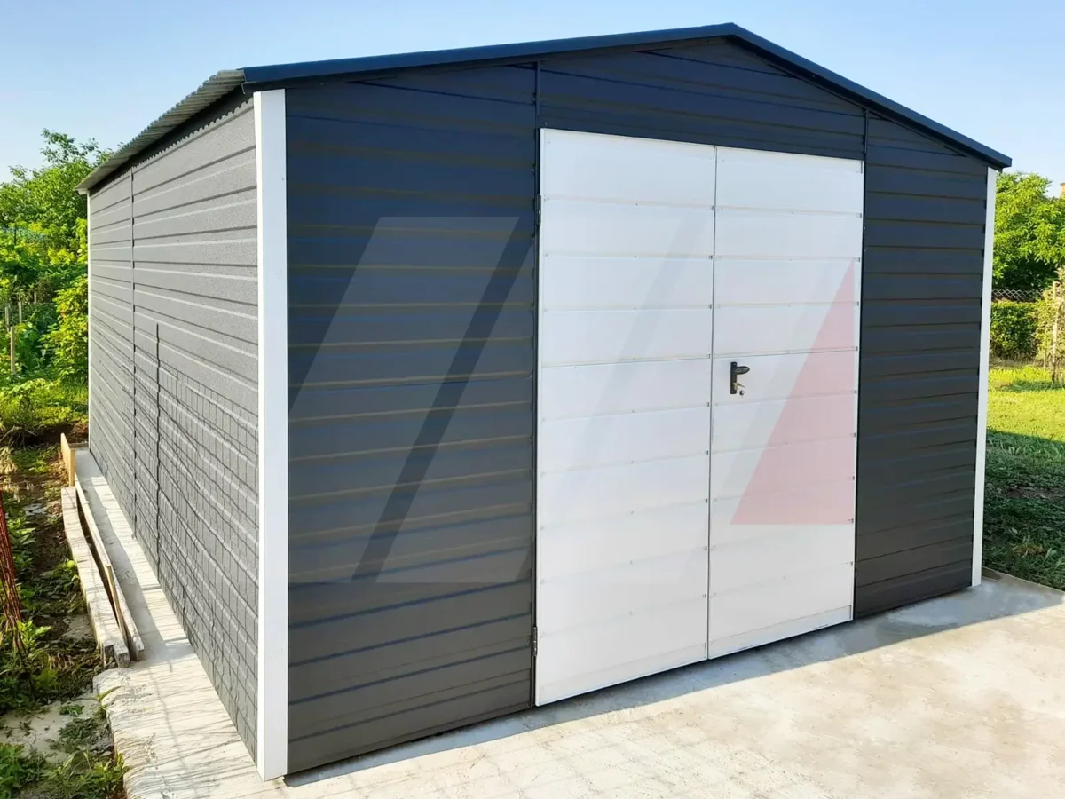 Zahradní domek se sedlovou střechou grafit 4m x 5m bílé dveře