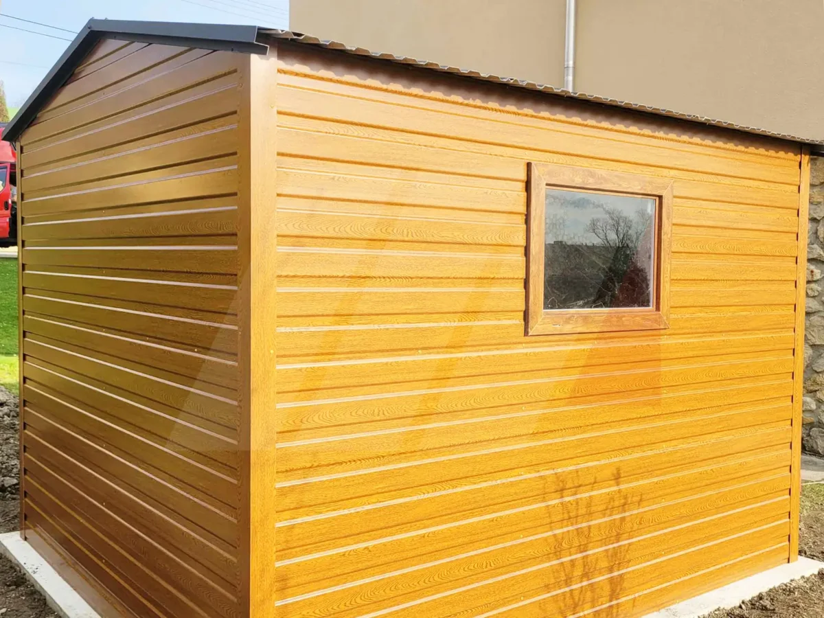 Zahradní domek se sedlovou střechou zlatý dub grafitové dveře