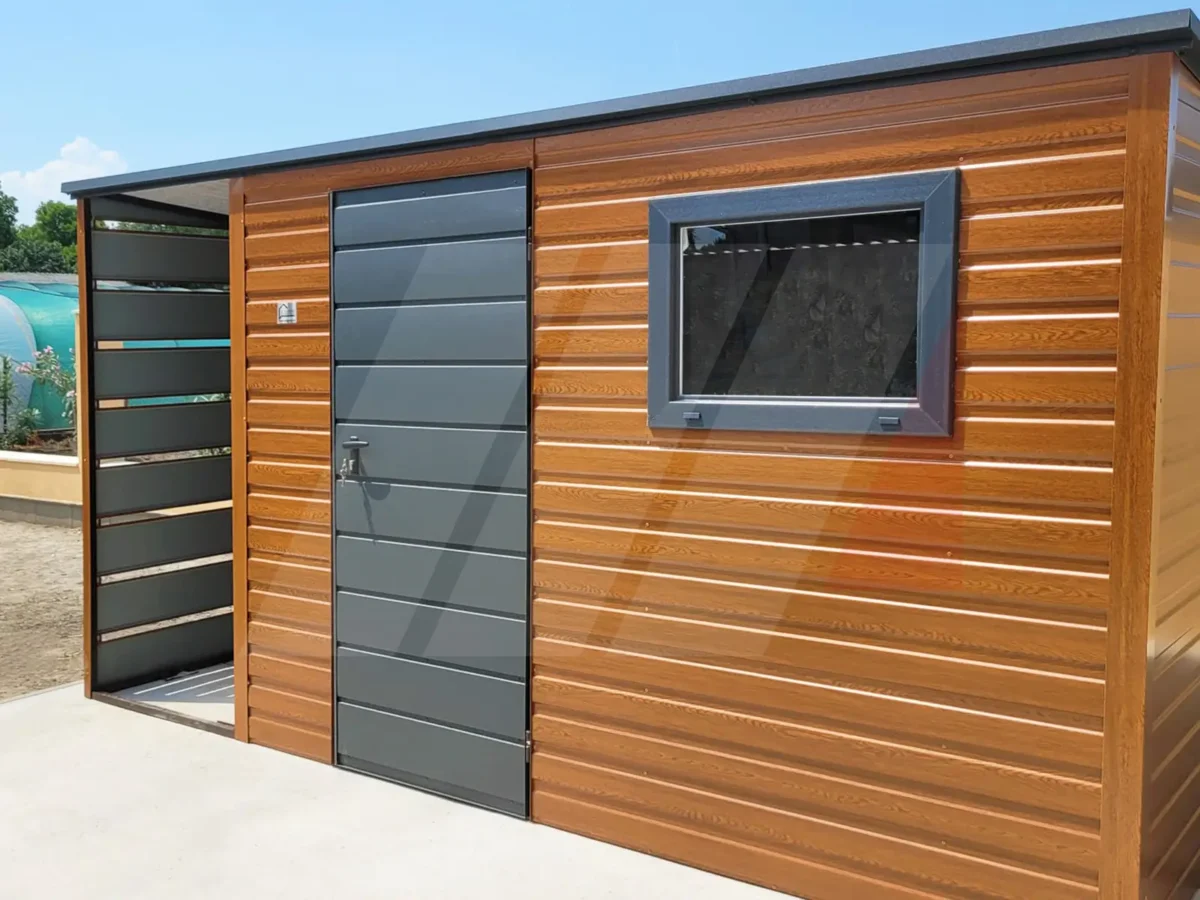 Zahradní nářaďový domek zlatý dub 4m x 3m se spádem dozadu