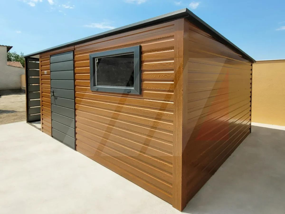 Zahradní nářaďový domek zlatý dub 4m x 3m se spádem dozadu