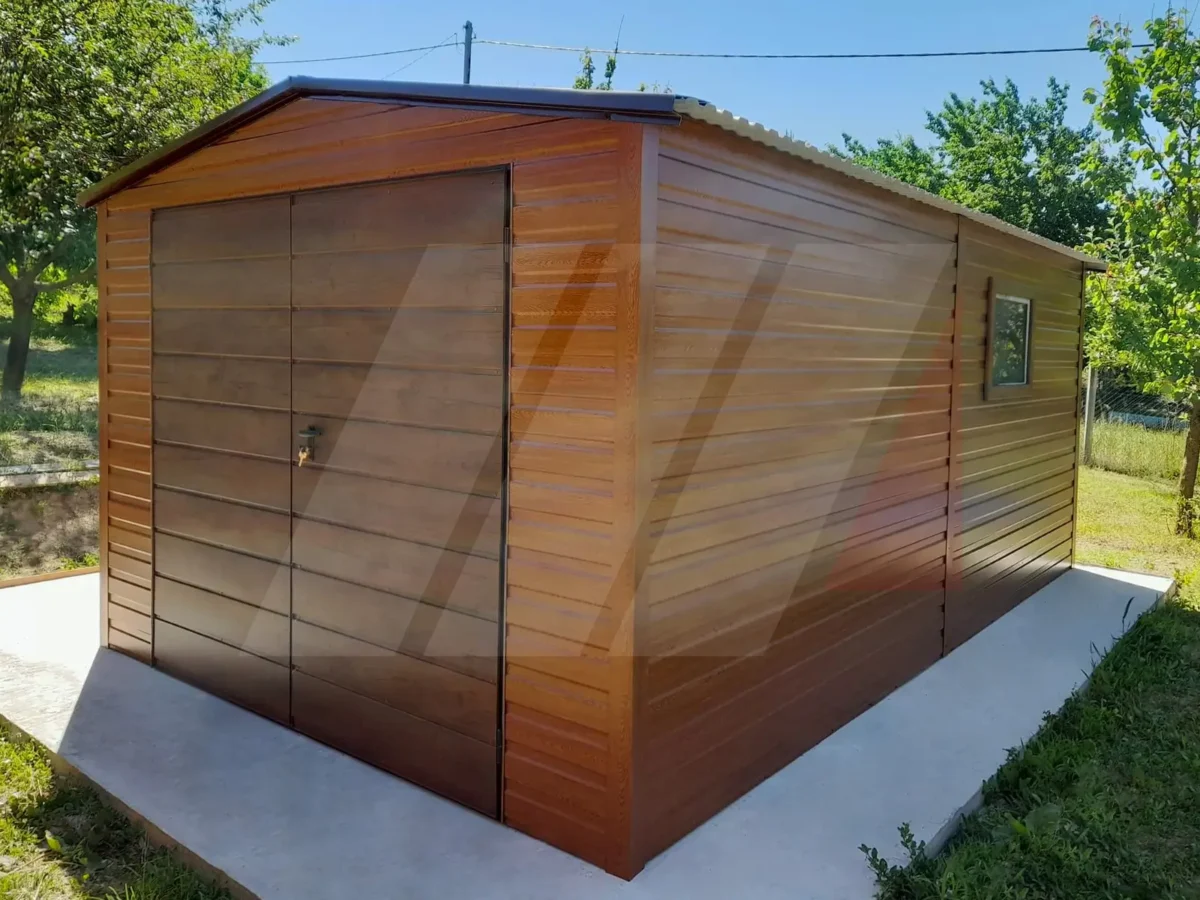 Plechová garáž se sedlovou střechou 4m x 6m dvoukřídlá brána