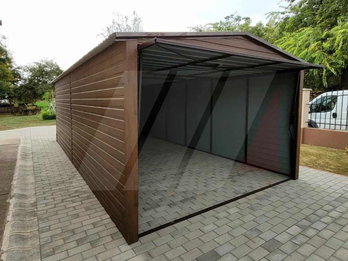 Garáž z trapézového plechu se sedlovou střechou ořech 3m × 5m