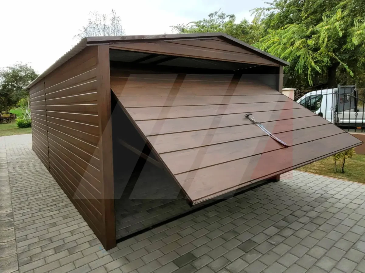 Garáž z trapézového plechu se sedlovou střechou ořech 3m × 5m