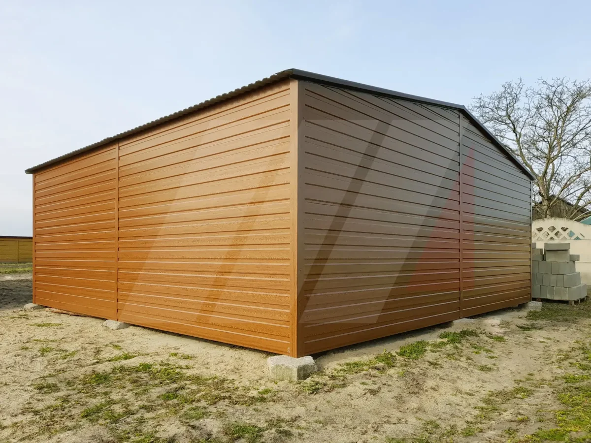 Dvojitá plechová garáž zlatý dub 6m x 6m
