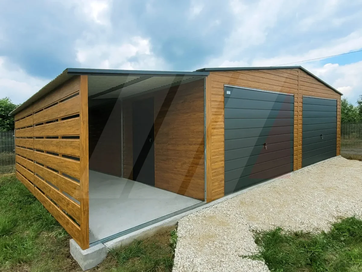 Plechová dvouplášťová garáž s přístřeškem 9m x 6m multigloss | Koupit online!