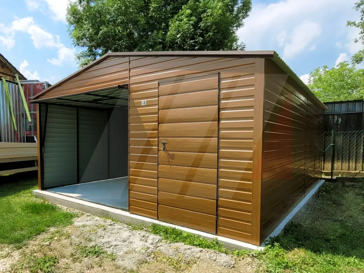 Plechová garáž se sedlovou střechou zlatý dub 5m x 6m