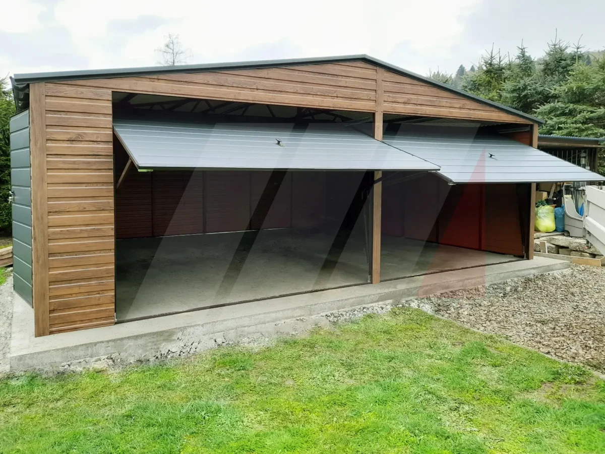 Plechová dvougaráž sedlová střecha 6,5m x 6m winchester a grafit