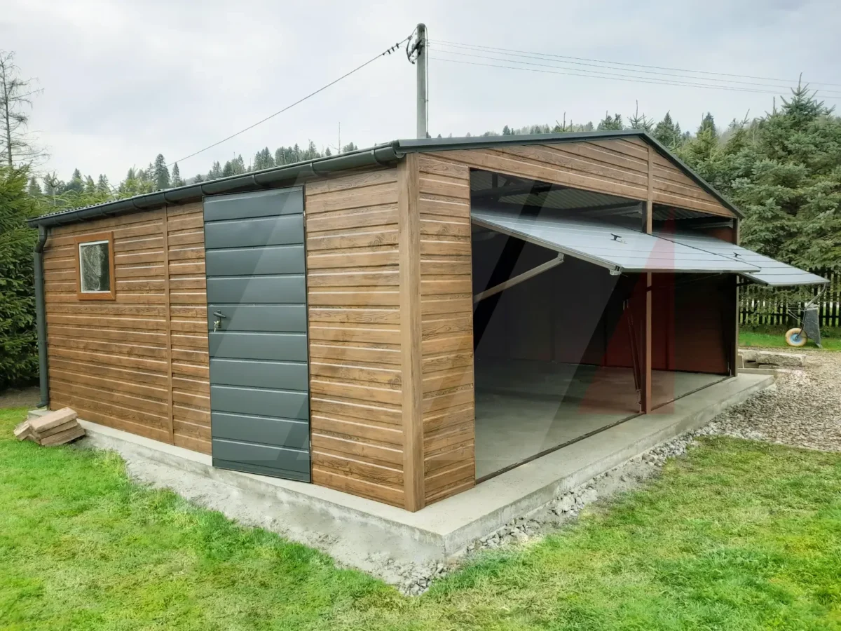 Plechová dvougaráž sedlová střecha 6,5m x 6m winchester a grafit