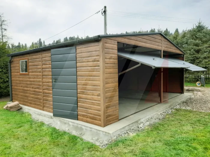 Plechová dvougaráž sedlová střecha 6,5m x 6m winchester a grafit