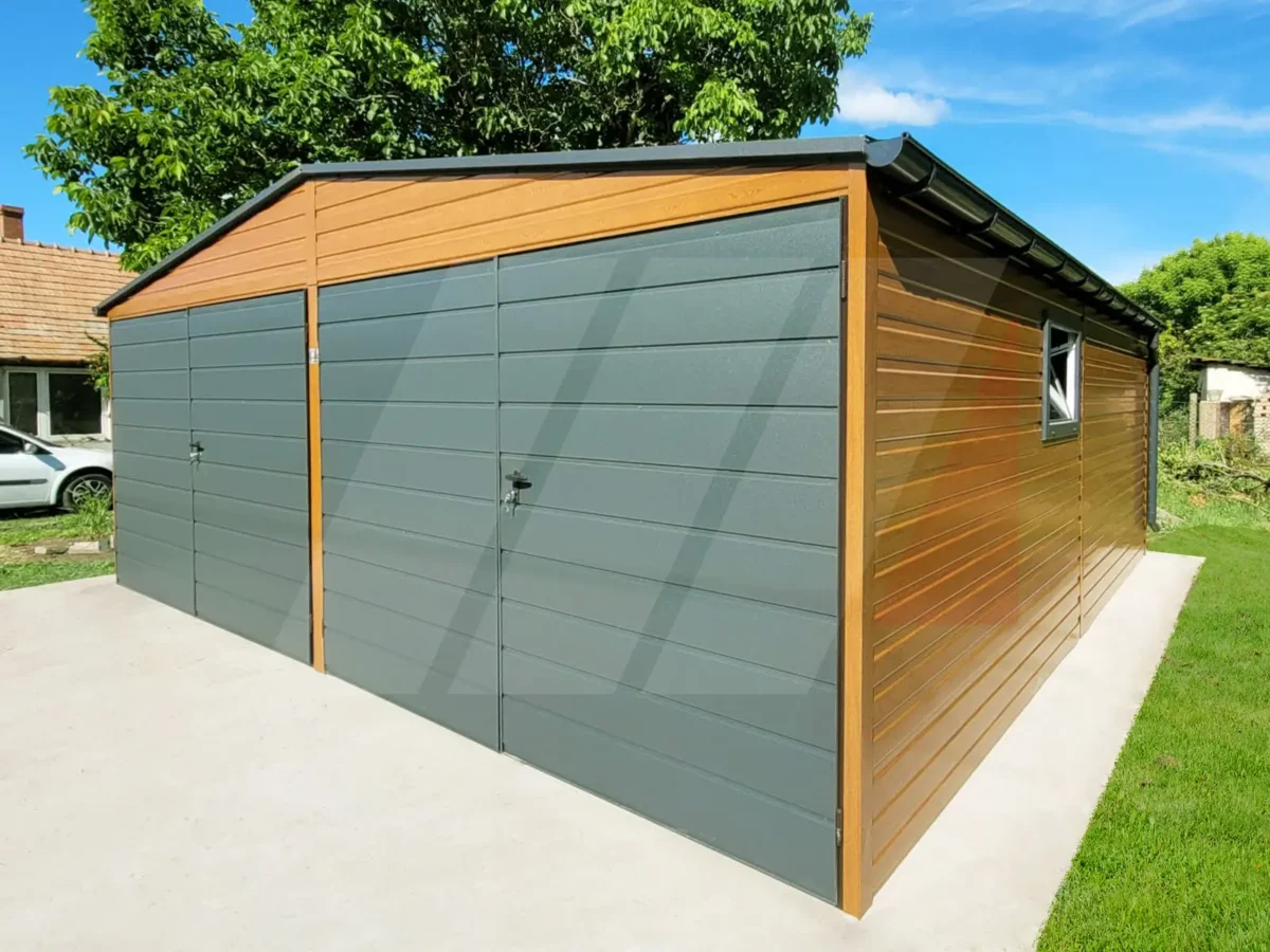 Dvojgaráž z plechu zlatý dub 6m × 6m grafitové brány