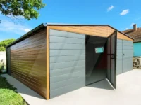Dvojgaráž z plechu zlatý dub 6m × 6m grafitové brány