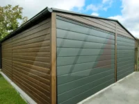 Dvojgaráž z plechu ořechová 6m x 6m grafitové brány