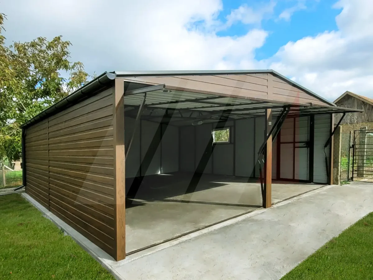 Dvojgaráž z plechu ořechová 6m x 6m grafitové brány