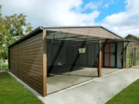 Dvojgaráž z plechu ořechová 6m x 6m grafitové brány
