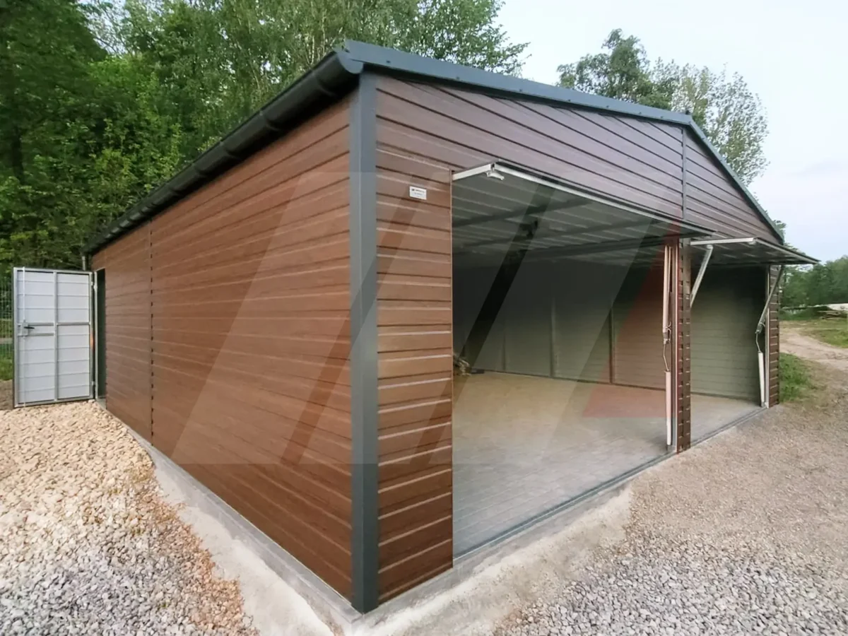 Dvojgaráž z plechu ořechová 7m x 6m výklopné brány