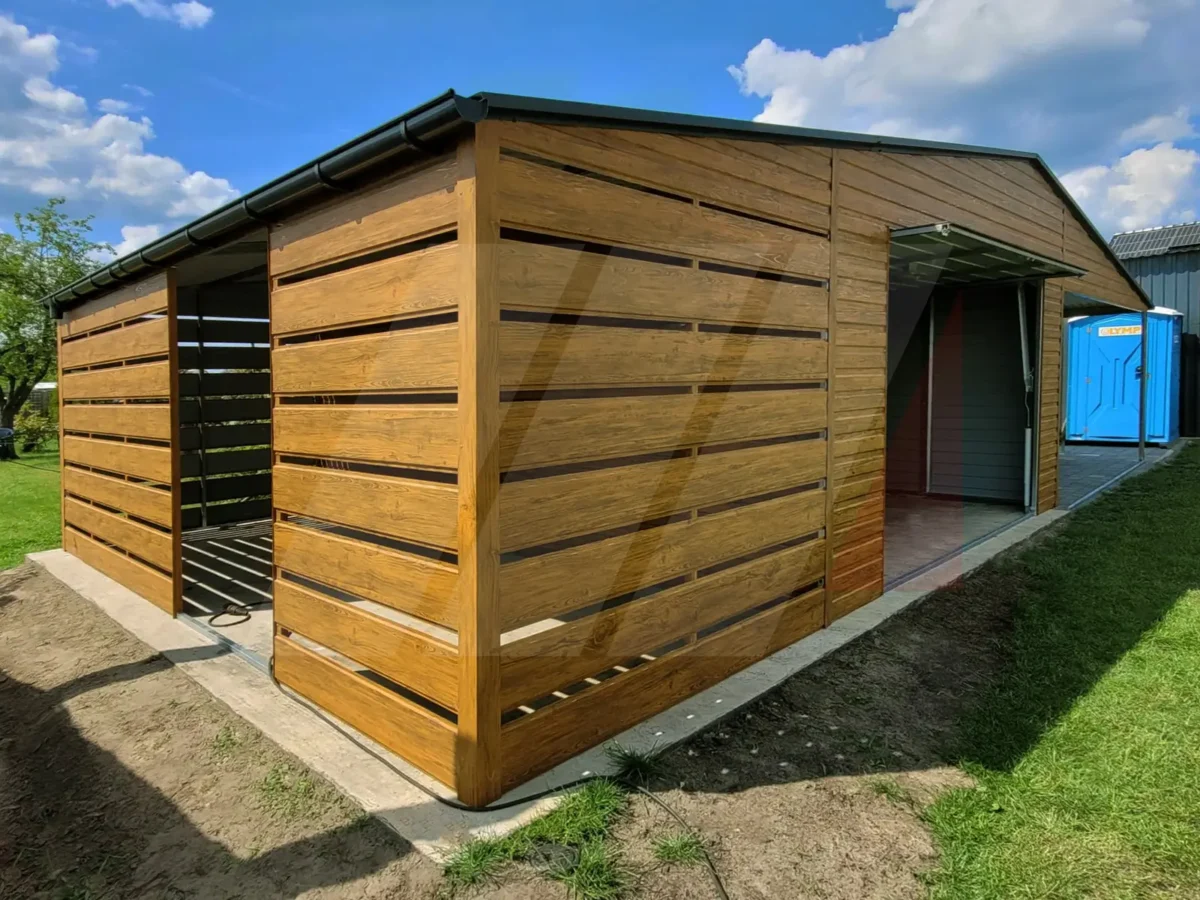 Dvoupodlažní plechová garáž 9m x 6m s přístřeškem a nikou