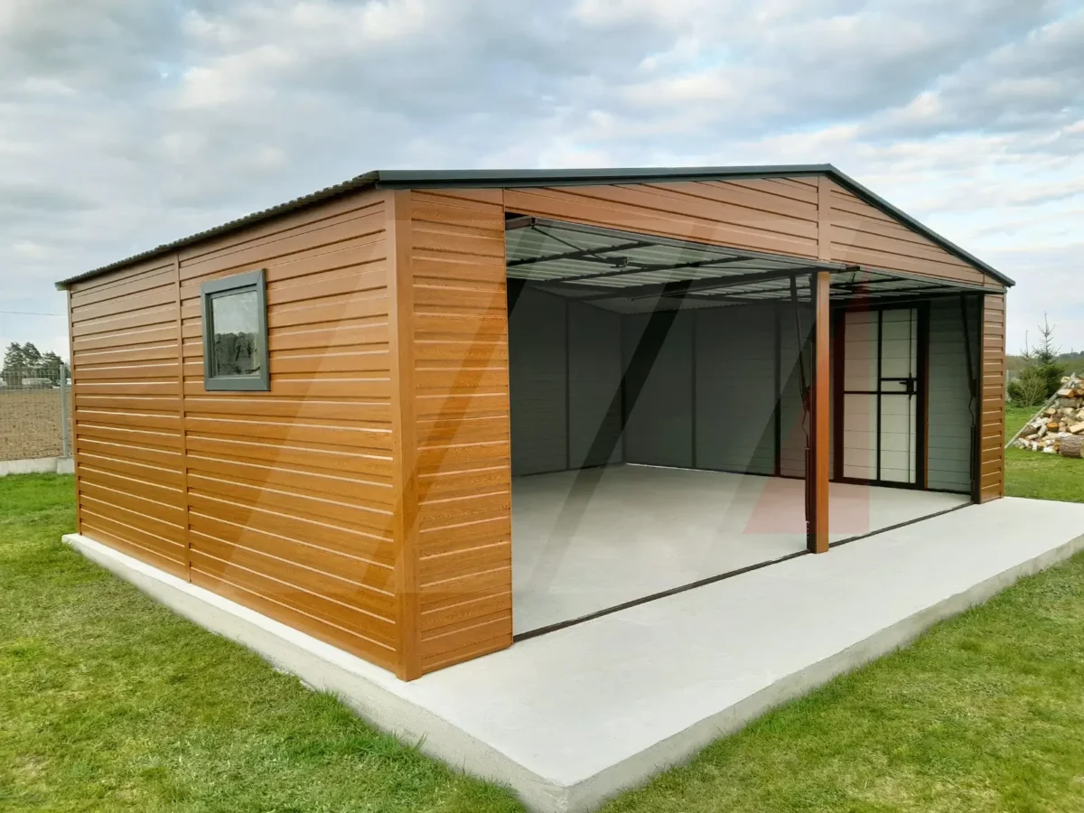 Plechové garáže v dřevodekoru Dvojitá plechová garáž zlatý dub 7m x 6m antracitové brány