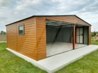 Plechové garáže v dřevodekoru Dvojitá plechová garáž zlatý dub 7m x 6m antracitové brány