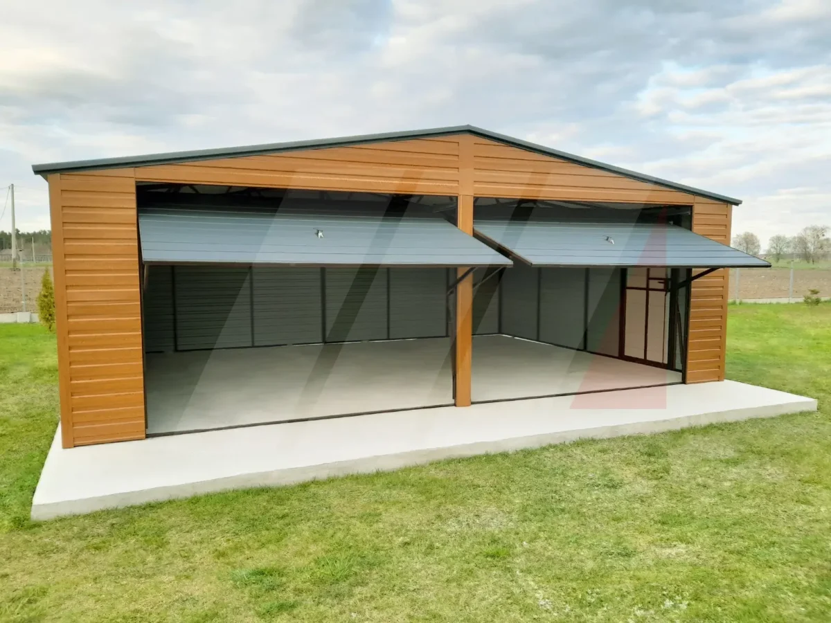 Dvojitá plechová garáž zlatý dub 7m x 6m antracitové brány