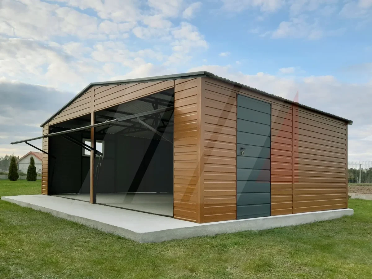 Dvojitá plechová garáž zlatý dub 7m x 6m antracitové brány