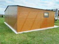 Dvojitá plechová garáž zlatý dub 7m x 6m antracitové brány